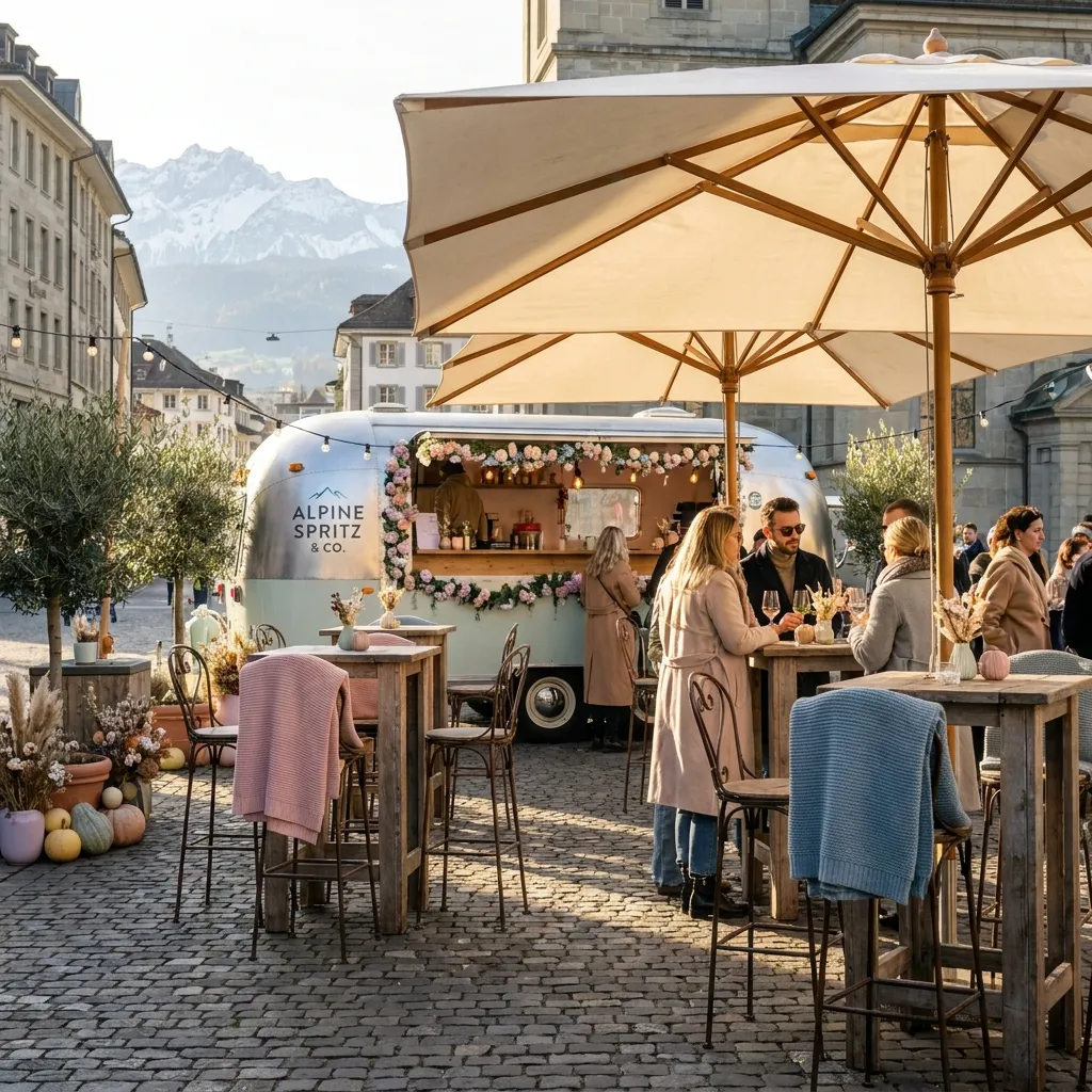 Mobiler Eventbereich mit Bar und Sonnenschirmen