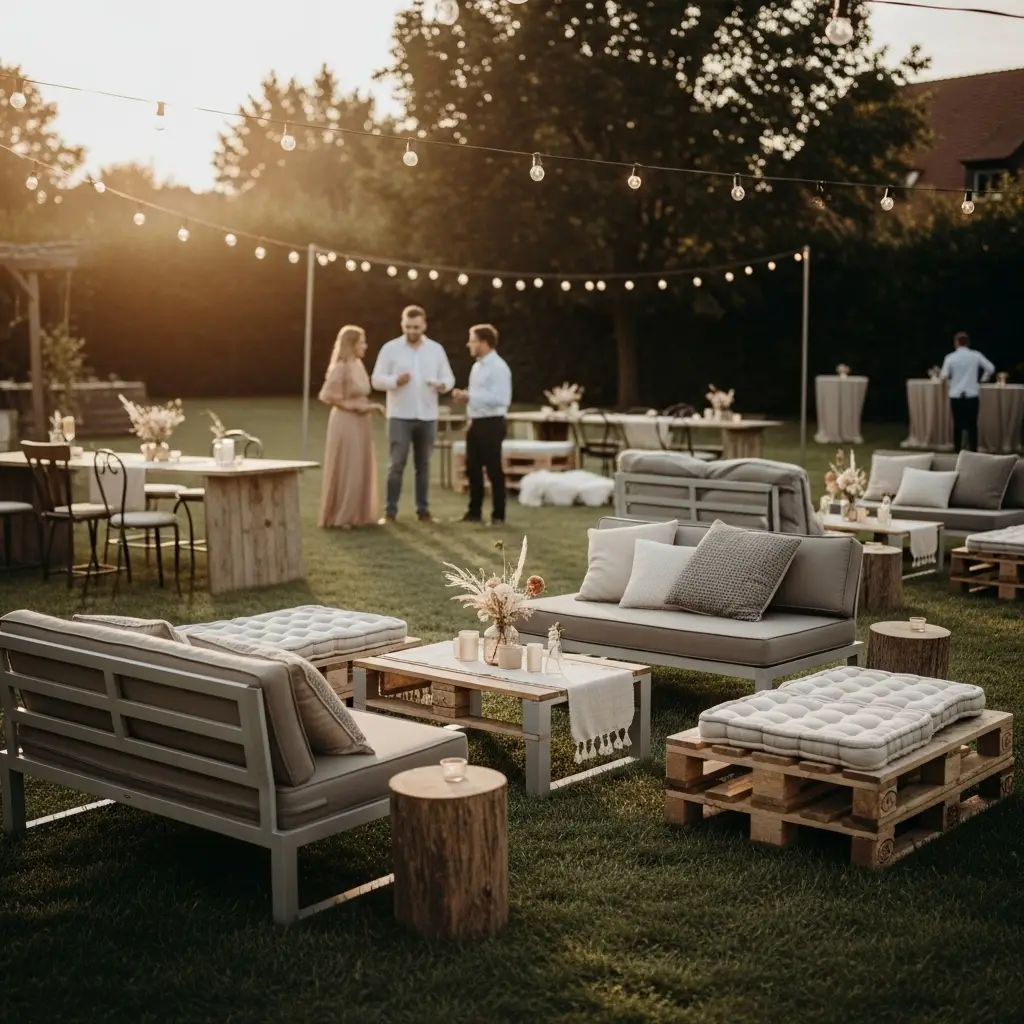 Moderne Lounge-Zone mit wetterfestem Eventmobiliar bei einer Hochzeit im Freien