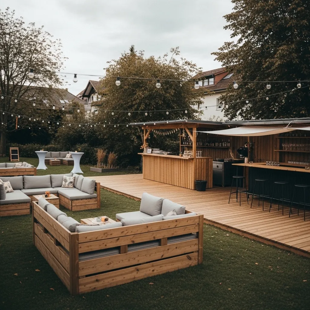 Moderne Outdoor-Eventfläche mit Mietmobiliar und Bar