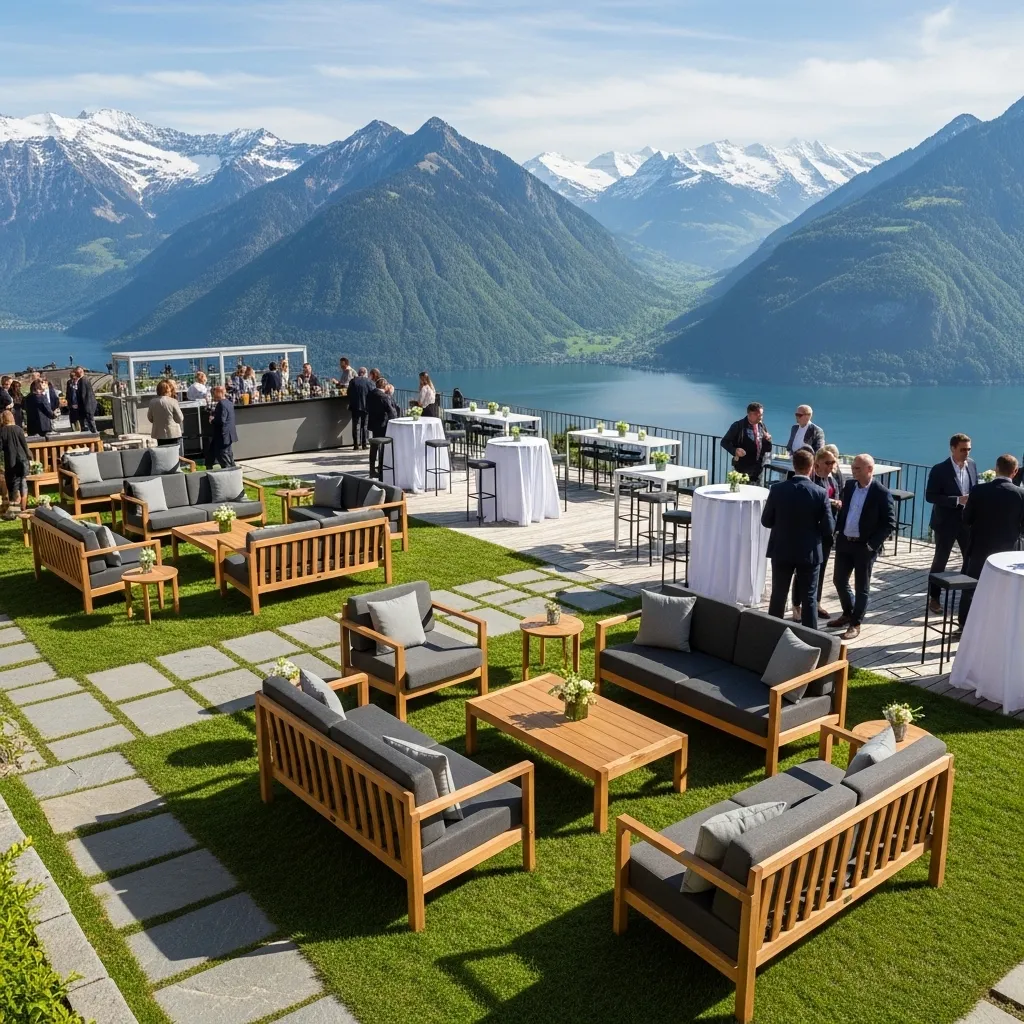 Moderne Outdoor-Lounge mit gemietetem Eventmobiliar bei einer Schweizer Firmenfeier