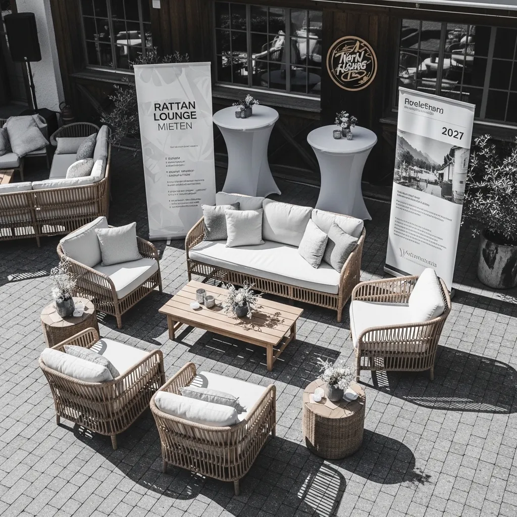 Moderne Rattan Lounge auf einer Schweizer Eventterrasse