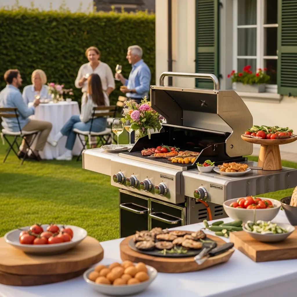 Moderner Gasgrill auf einer stilvollen Schweizer Gartenfeier