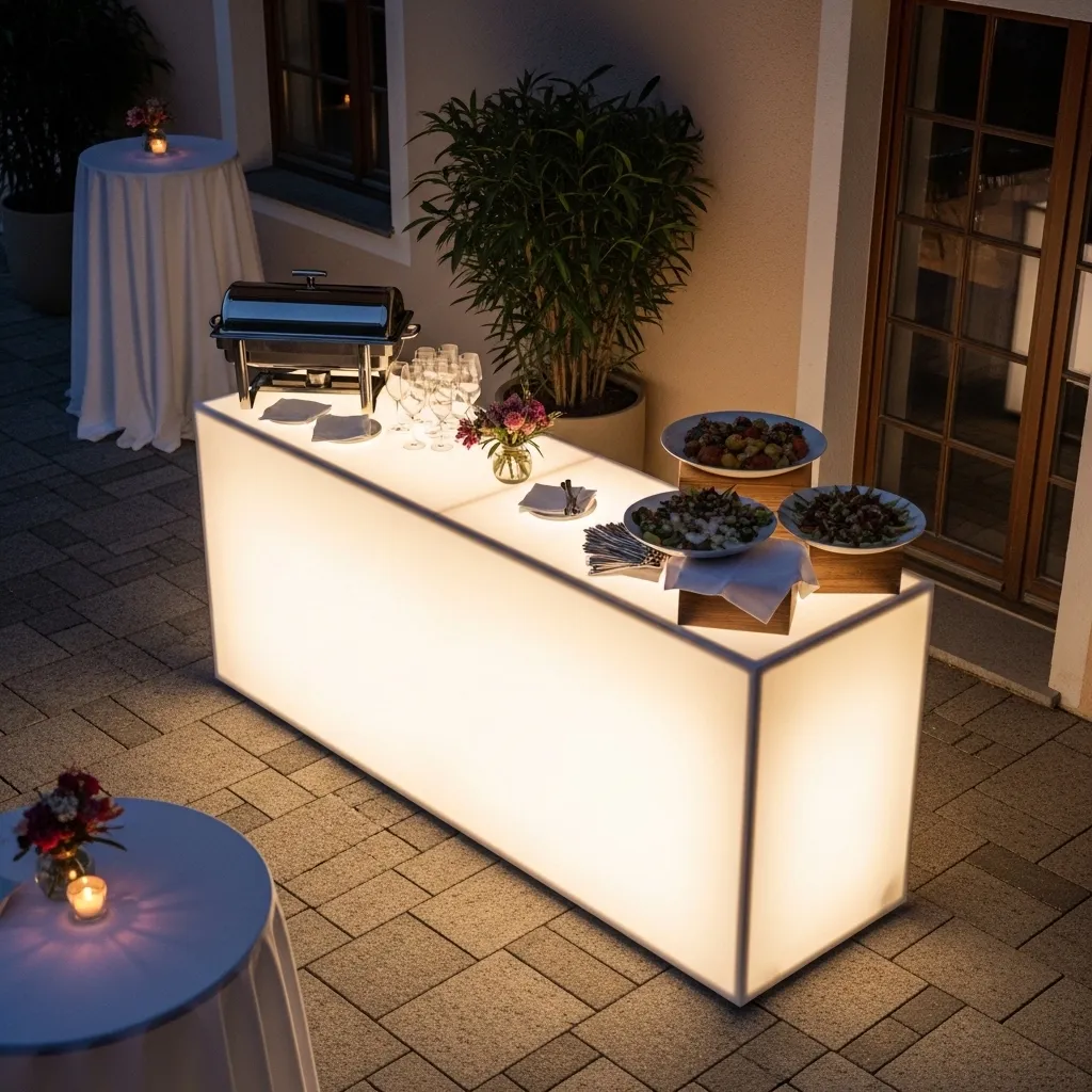 Stehtische mieten: Tipps und Anbieter in der Schweiz 3 Moderner LED Stehtisch auf einer Abendveranstaltung