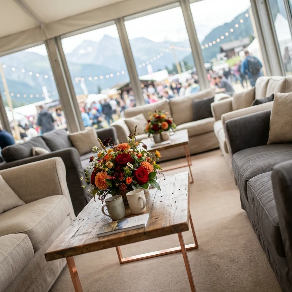 Moderner Loungebereich mit gemieteten Couchtischen
