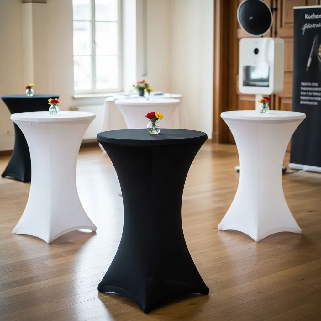 Hussen mieten Messe – Professioneller Auftritt 2 Moderner Messestand mit eleganten Stehtischhussen