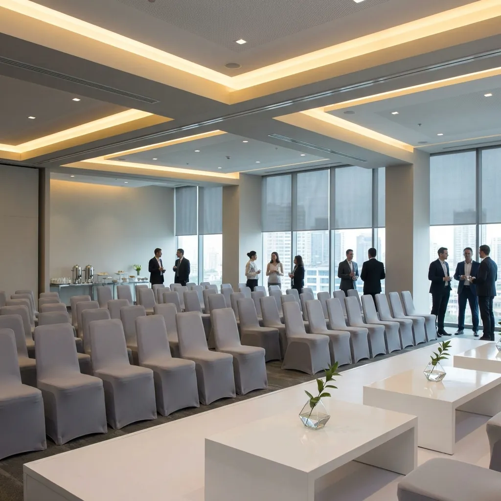 Modernes Firmenevent mit einheitlichen grauen Stuhlhussen