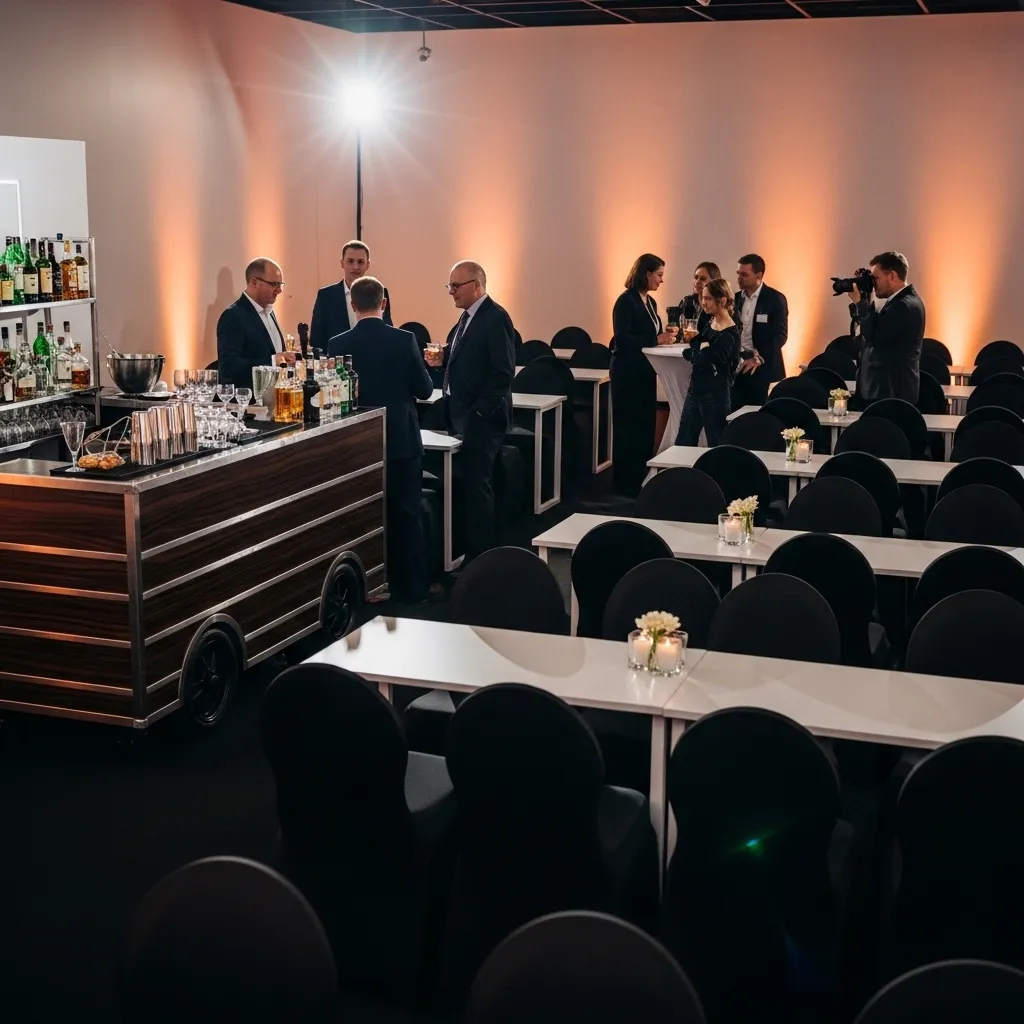 Modernes Firmenevent mit Stuhlhussen und Barbereich