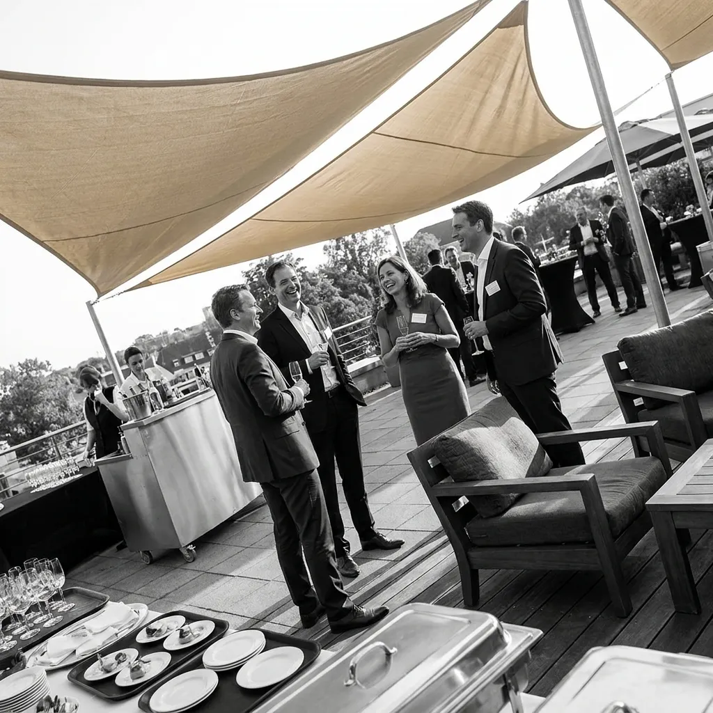 Modernes Sonnensegel mit Lounge und mobiler Bar bei einem Firmenevent