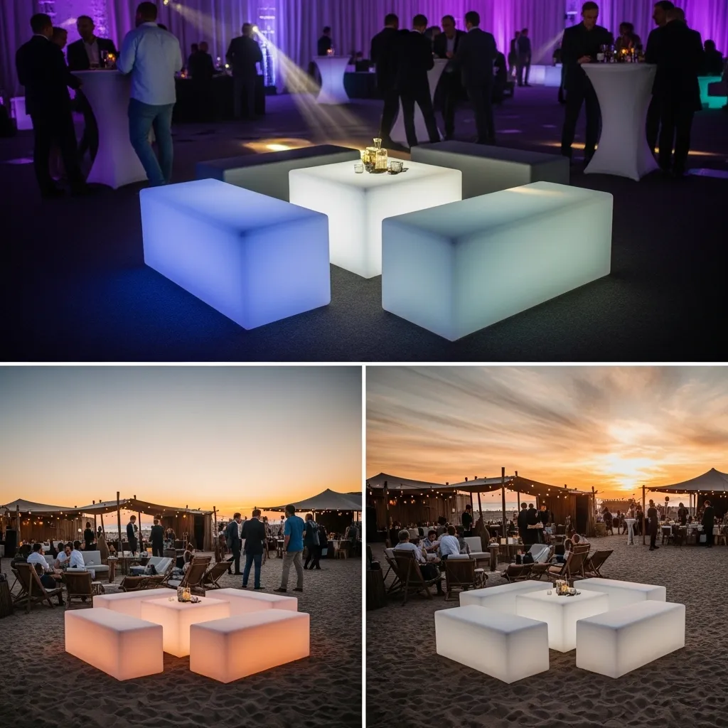 Lounge Sitzwürfel LED mieten 3 Modulare LED Sitzmöbel bei einem stilvollen Firmenevent
