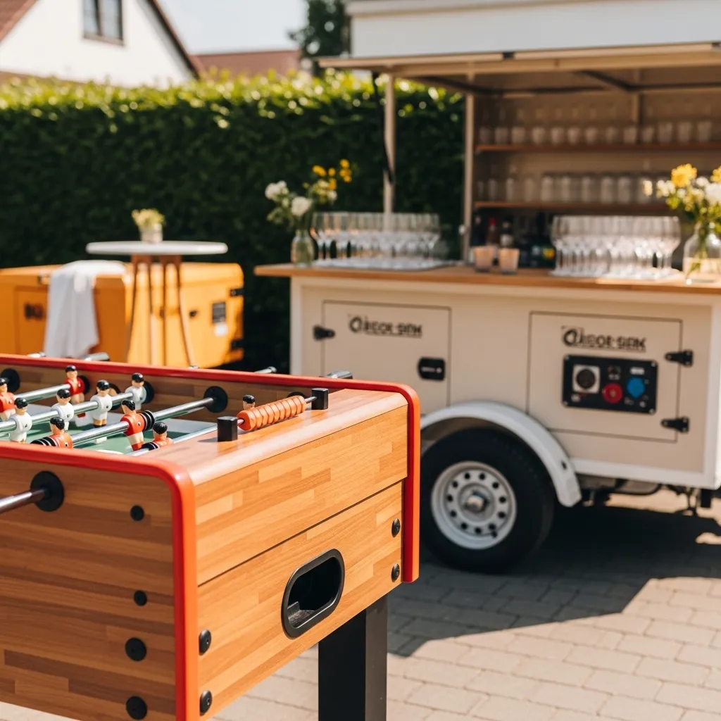 Tischfussball mieten: Kombi‑Pakete mit Bar & Mobiliar 3 Nahaufnahme eines Tischfussballtisches neben einer mobilen Bar bei einer Firmenfeier