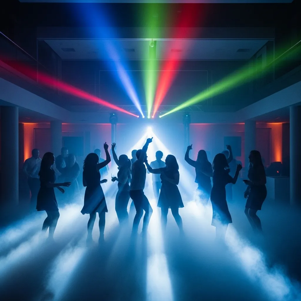 Nebelmaschine auf einem Event mit Tanzfläche und Lichtstrahlen