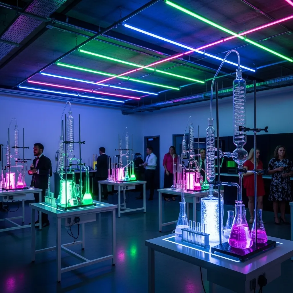 Neon beleuchtete Science‑Lab Party mit Experiment Station
