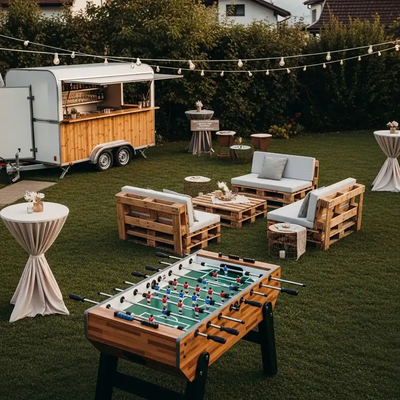 Tischfussball mieten: Kombi‑Pakete mit Bar & Mobiliar 2 Outdoor Bar mit Lounge-Mobiliar und Tischfussball an einem Schweizer Sommer-Event