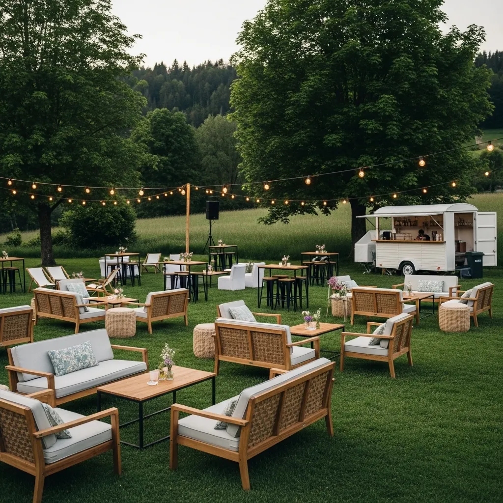 Outdoor-Event mit Mietmobiliar und Beleuchtung
