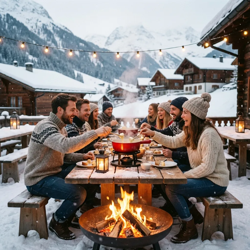 Outdoor Fondue Event im Winter mit Gästen und Lichtern