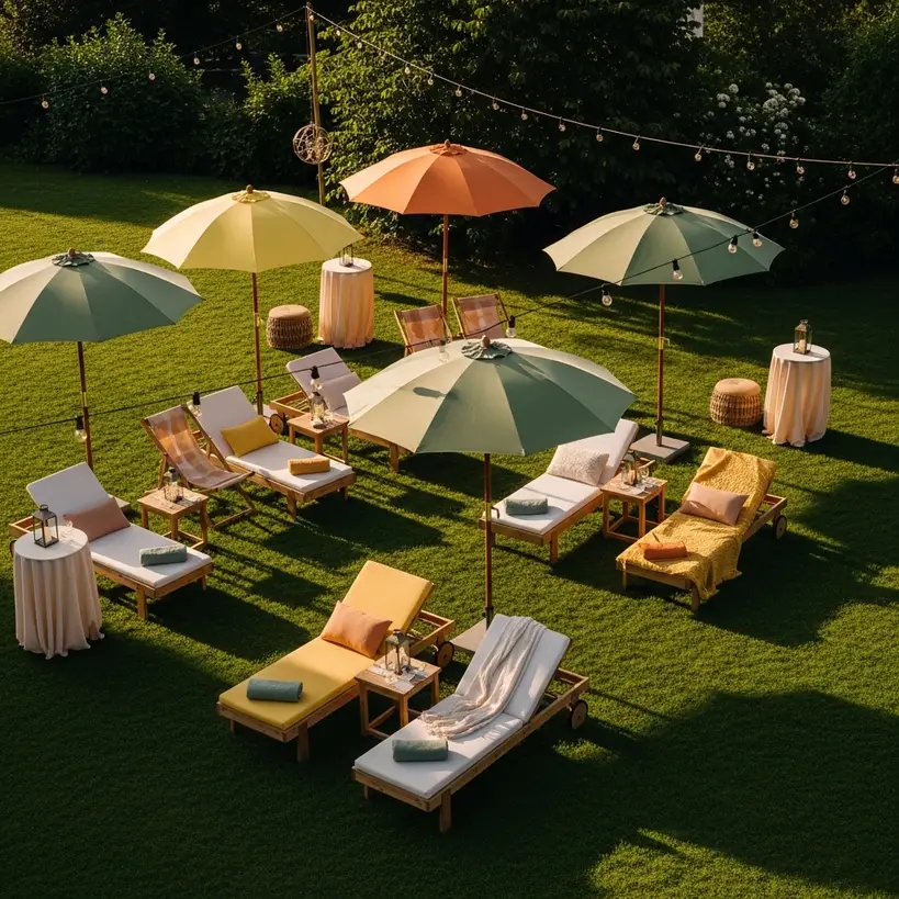 Outdoor-Lounge mit Liegestühlen und Sonnenschutz