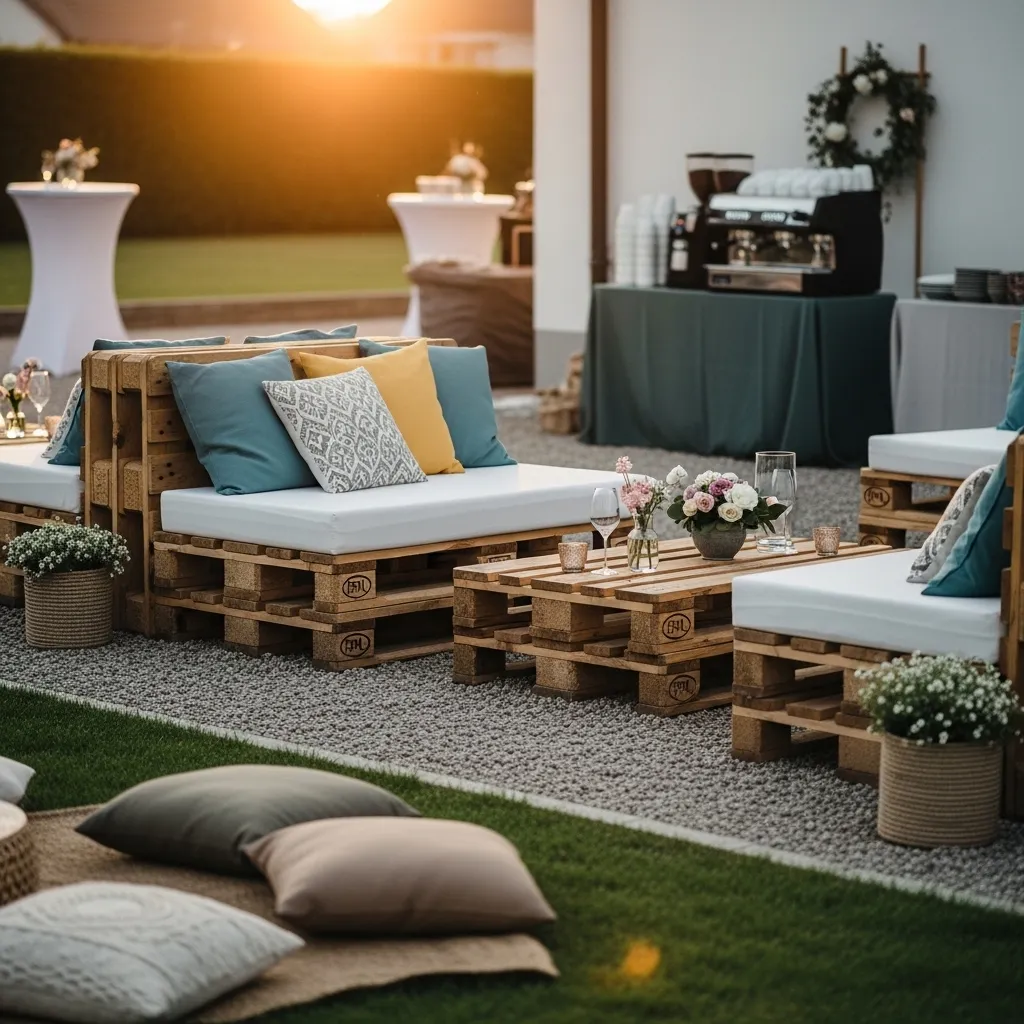 Paletten Lounge an einer Hochzeit im Freien