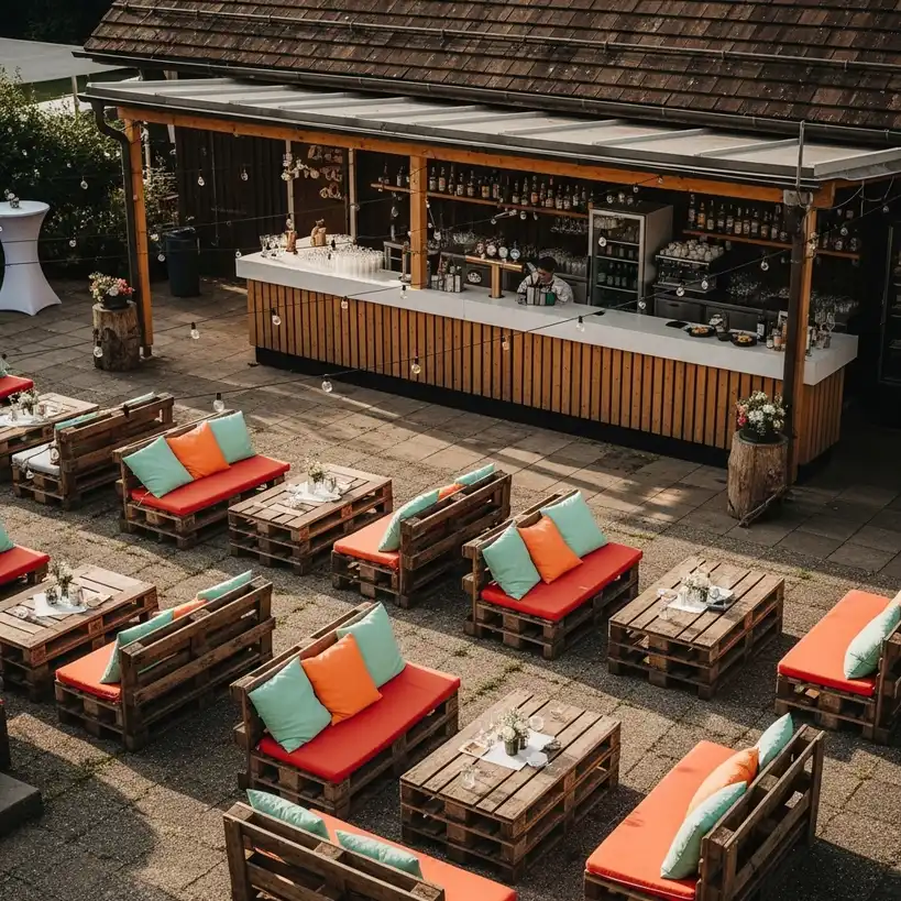 Paletten Lounge mieten statt kaufen 2 Paletten Lounge auf einer Hochzeitsfeier