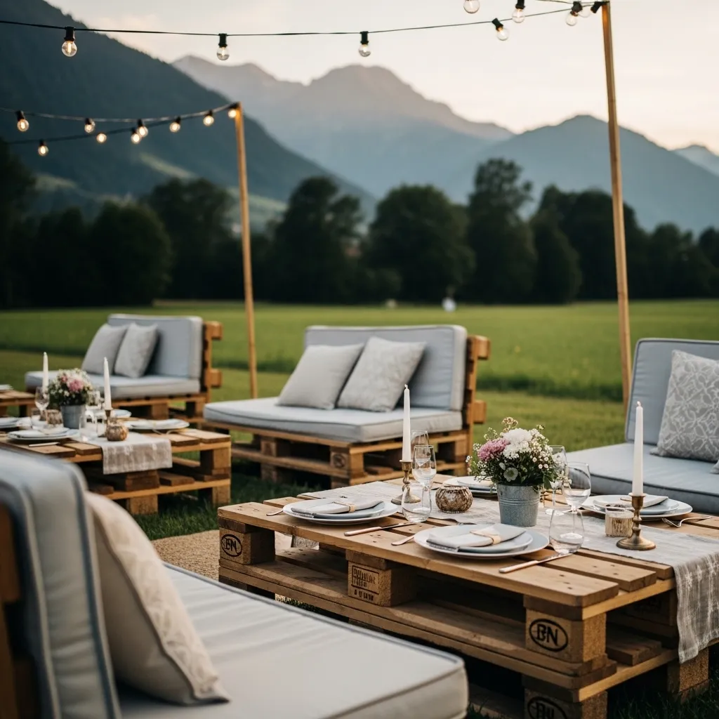 Outdoor Paletten Lounge mieten 2 Paletten Lounge auf einer Schweizer Hochzeitsfeier im Freien