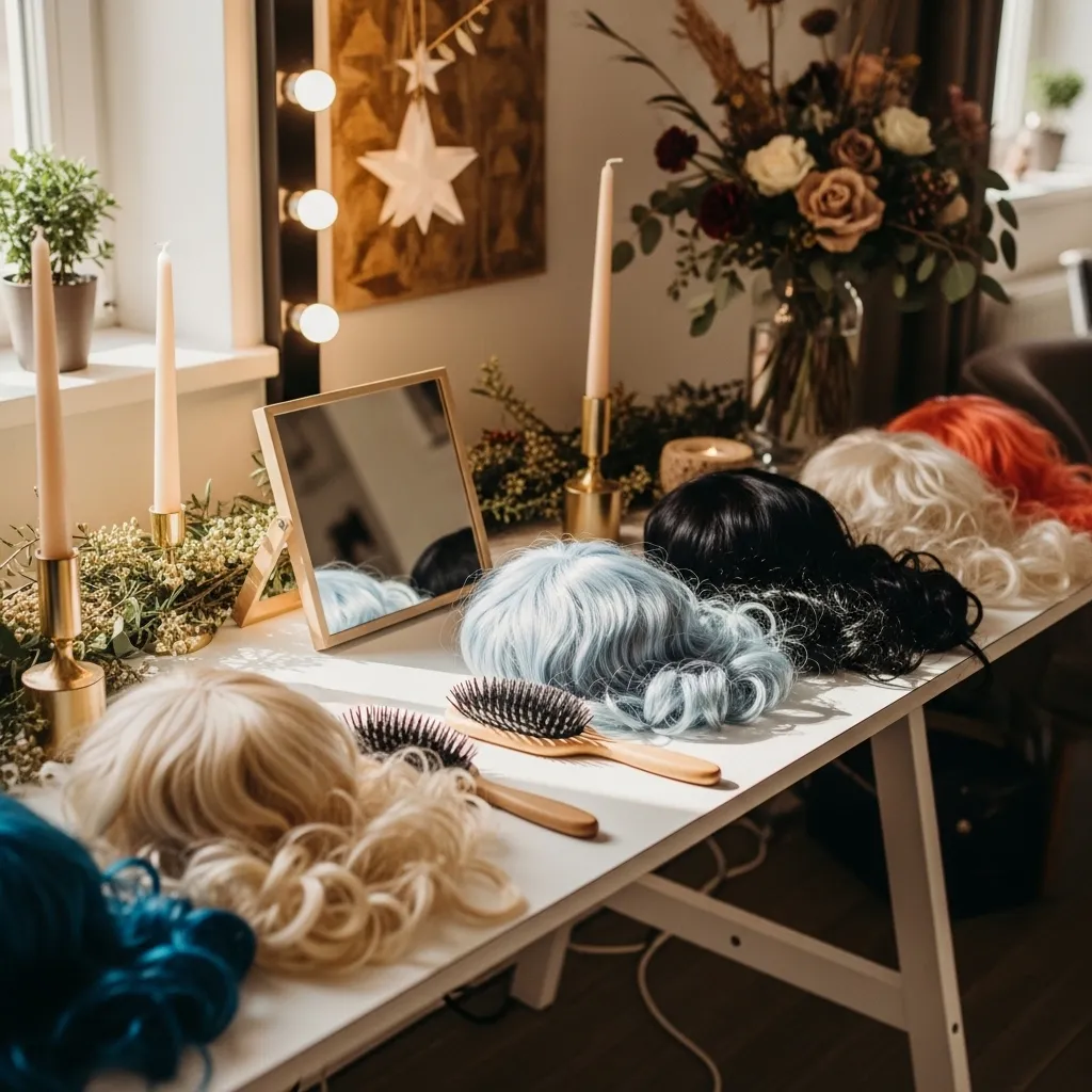 Perücken für eine Mottoparty auf einem Styling-Tisch