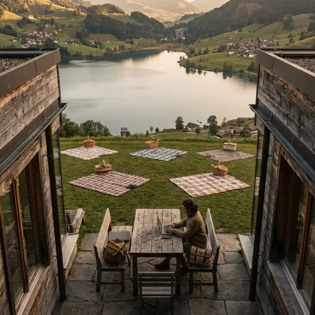 Person arbeitet mit Laptop auf einer Terrasse mit Bergblick in der Schweiz