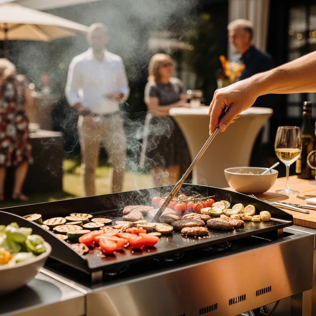 Plancha mit Gemüse und Grillgut bei einem Event