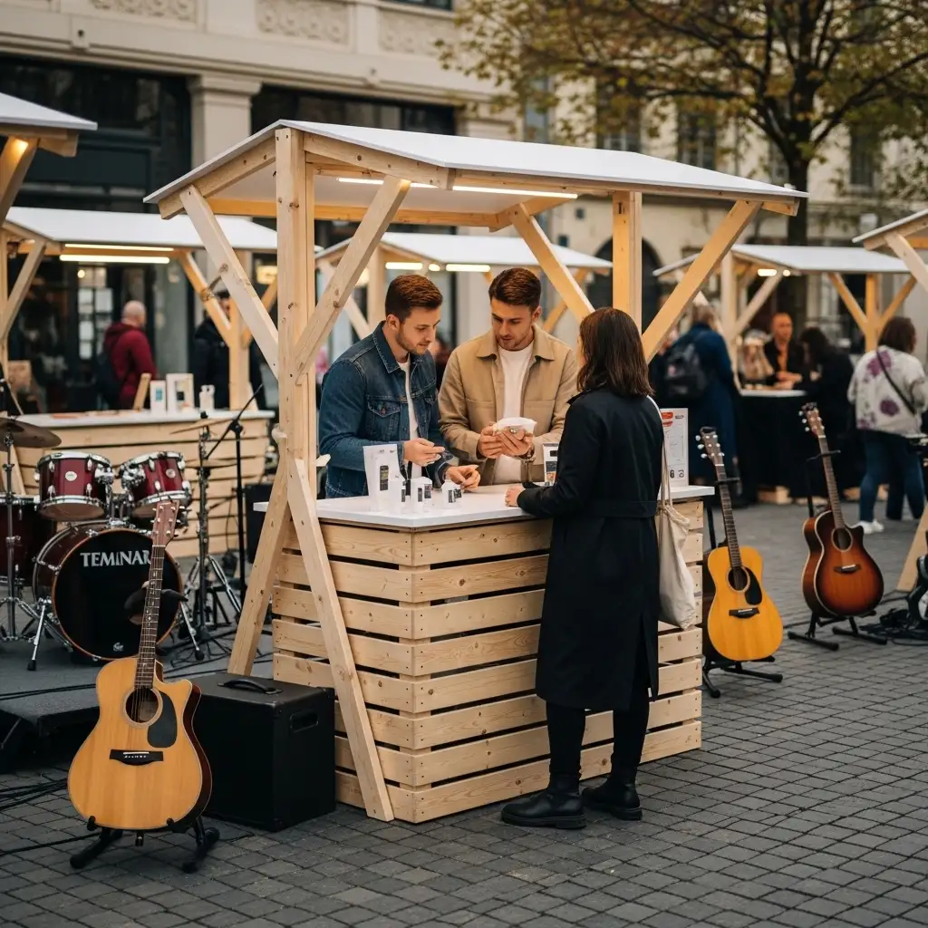 Marktstand mieten Promotion für Produktvorführungen & Firmenanlässe 3 Produktvorführung an einem modularen Promotionstand mit Beleuchtung