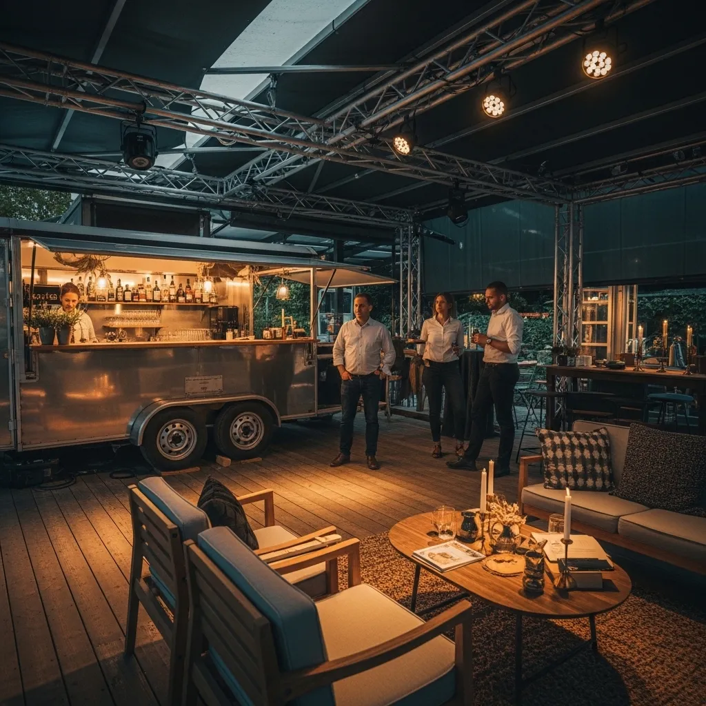 Professionelle Eventbeleuchtung mit LED-Spots an einer mobilen Bar