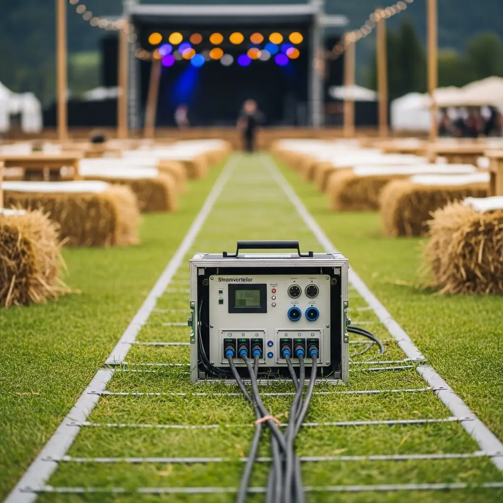 Professioneller Stromverteiler auf einer Festivalwiese