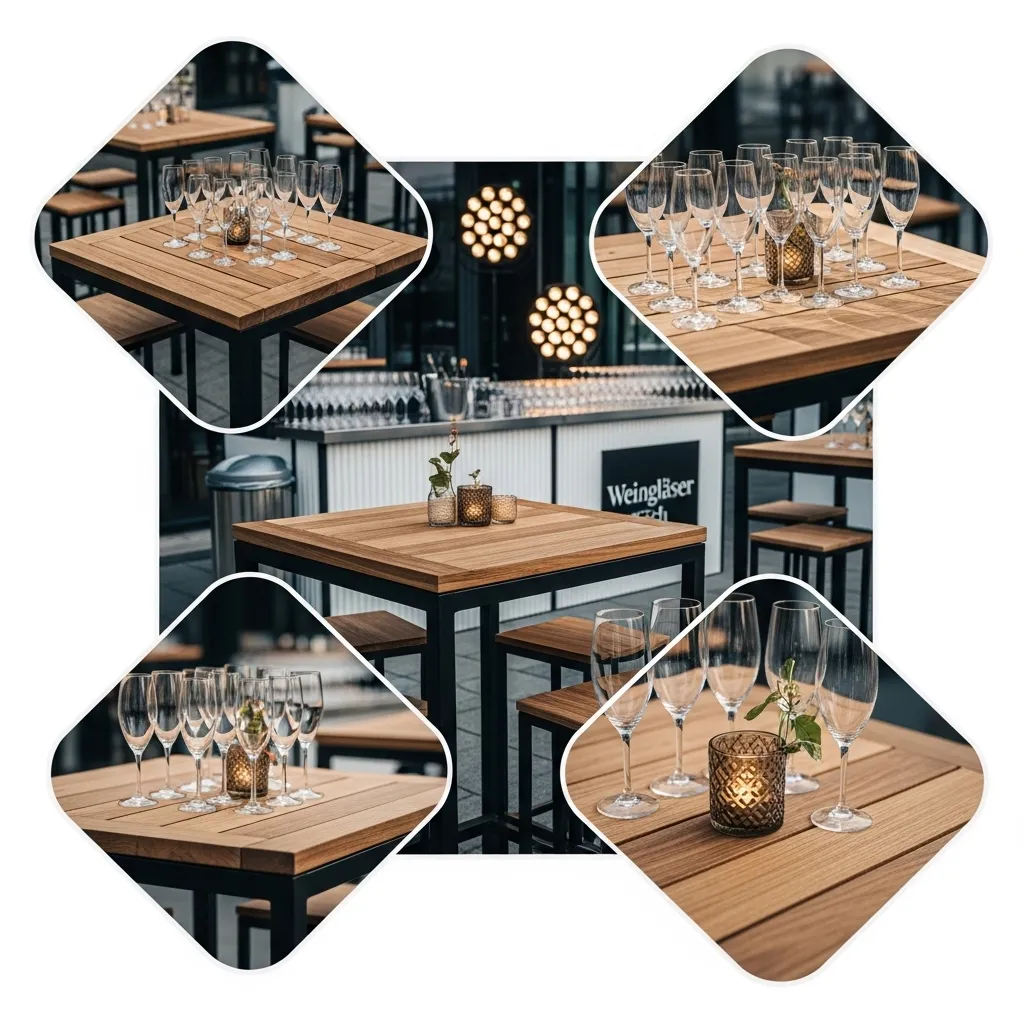 Professionelles Event-Setup mit Gläsern und Barbereich