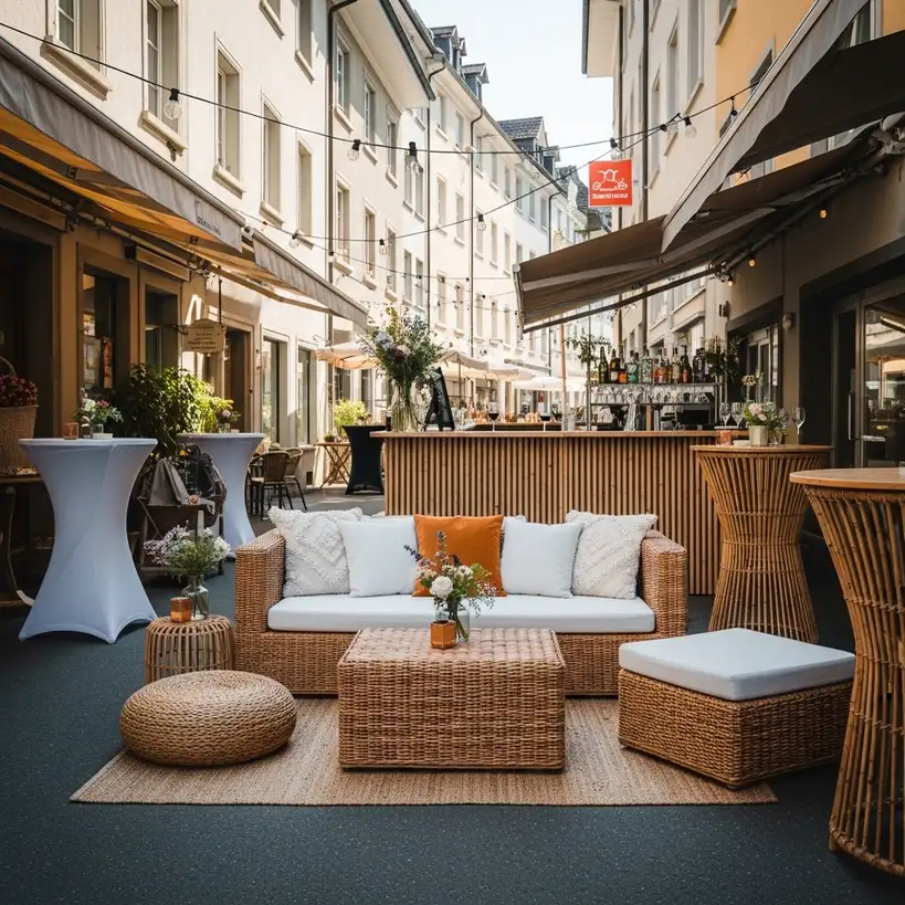 Lounge Möbel mieten Hochzeit für stilvolle Events 2 Rattan-Lounge bei einer Hochzeit im Freien