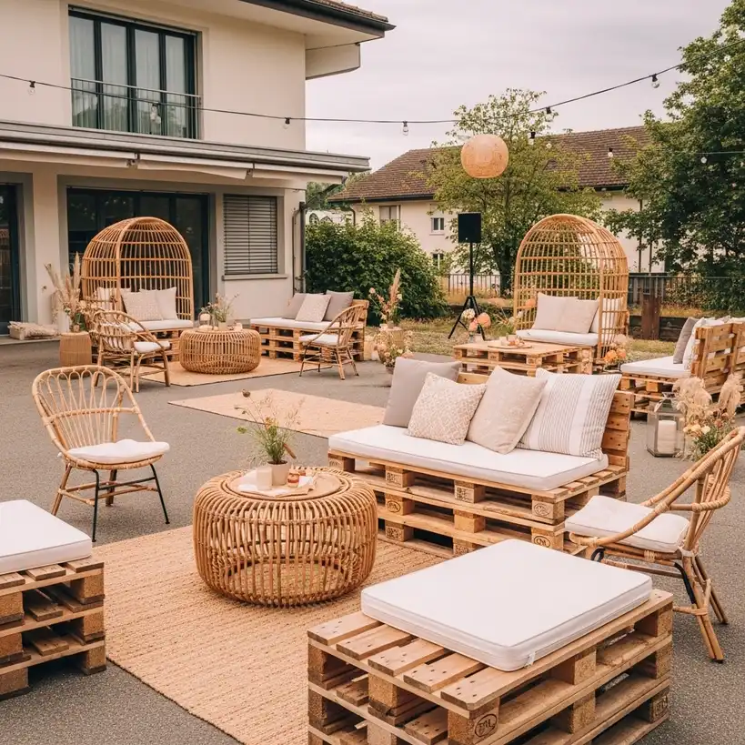 Lounge Möbel mieten Rattan für Events 2 Rattan Lounge für ein Schweizer Outdoor-Event