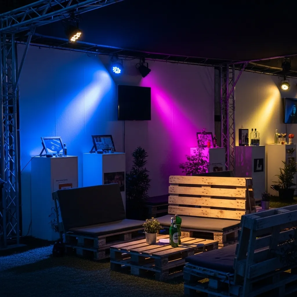 RGB Fluter mieten für Messen und Ausstellungen 2 RGB-Fluter an einem modernen Messestand