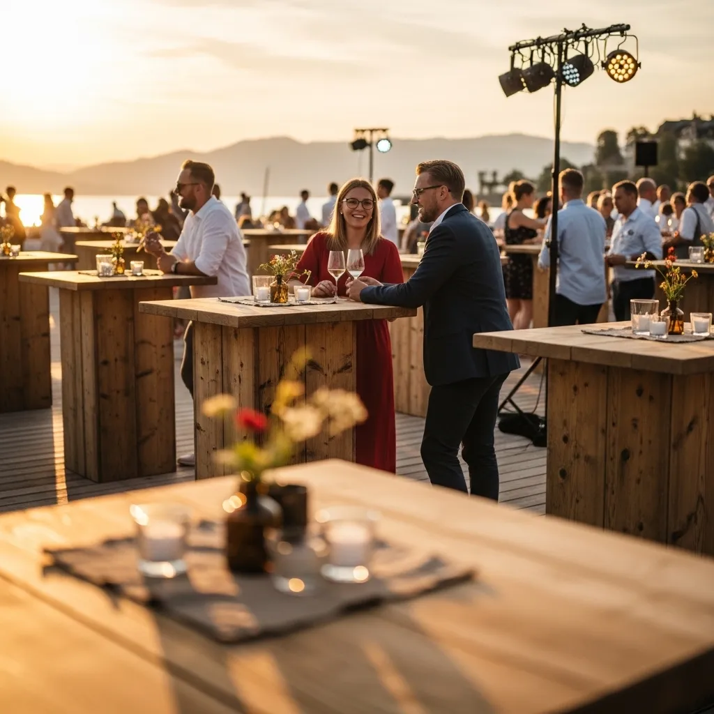 Stehtische Holz mieten 2 Rustikale Holz-Stehtische bei einem Schweizer Outdoor-Event