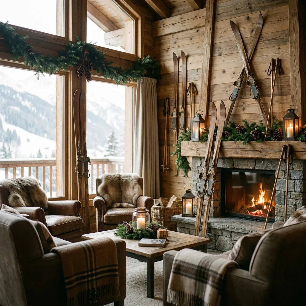 Rustikale Winterdekoration mit alten Holzski