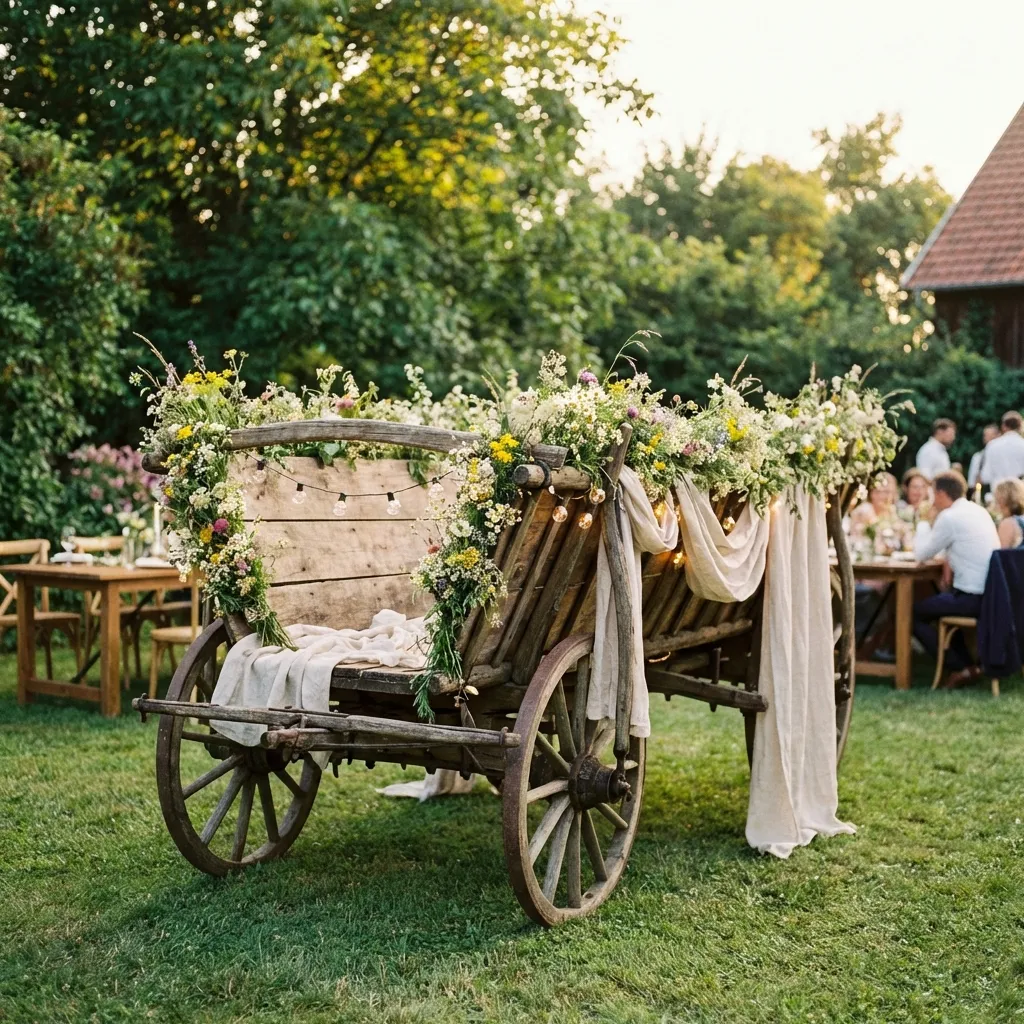 Rustikaler Holzleiterwagen als Eventdekoration