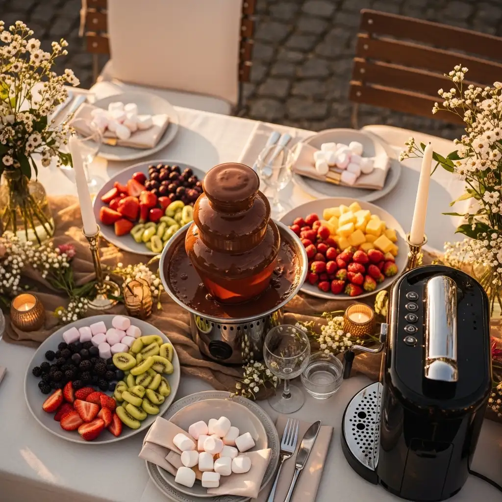 Schokoladenbrunnen mieten: Preise & Pakete im Vergleich 2 Schokoladenbrunnen auf einer Schweizer Hochzeit