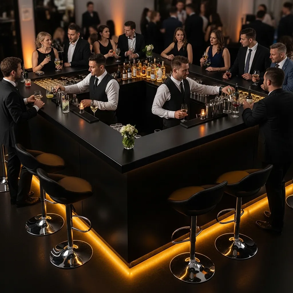 Schwarze Bar mit Barhockern bei Event
