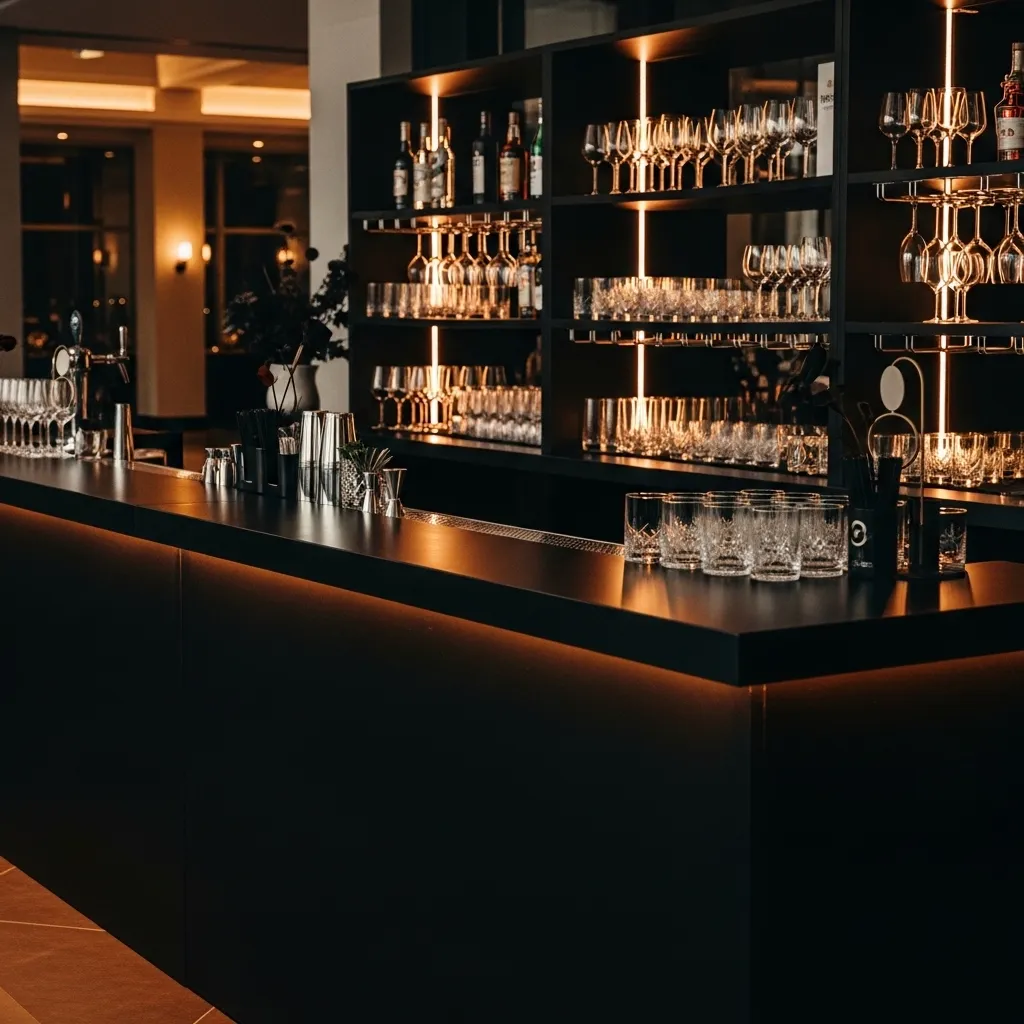Schwarze Eventbar mit Gläsern und Beleuchtung