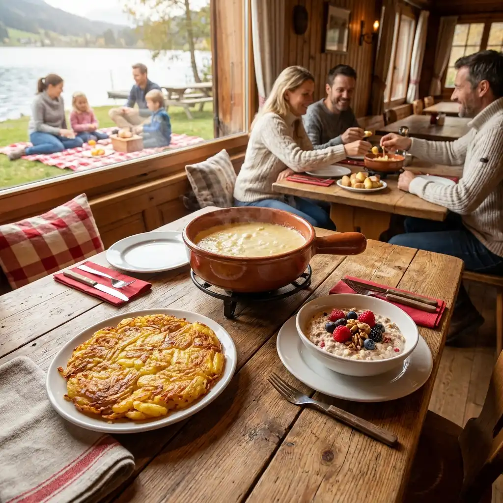 Schweizer Tisch mit Fondue, Rösti und Birchermüesli