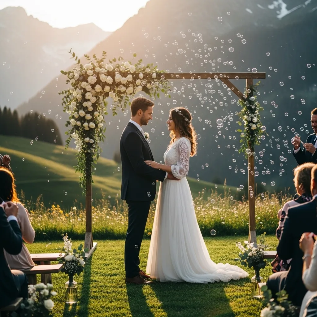Seifenblasen auf einer Hochzeit im Freien
