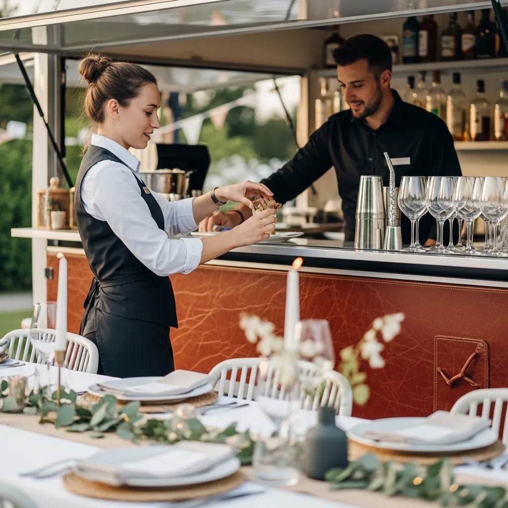 Servicekraft mit Serviceportemonaie an einer mobilen Bar