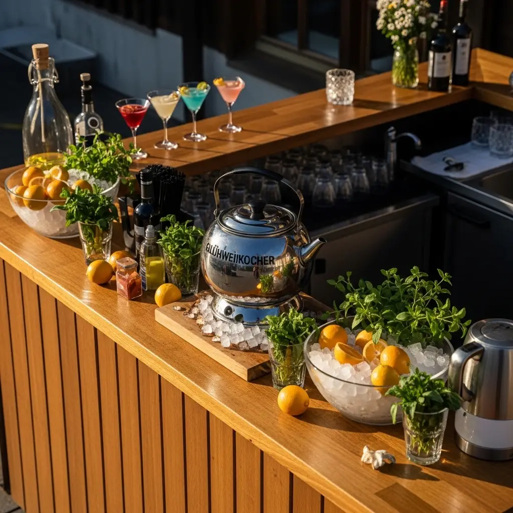 Sommerliche Cocktail-Station mit Glühweinkocher