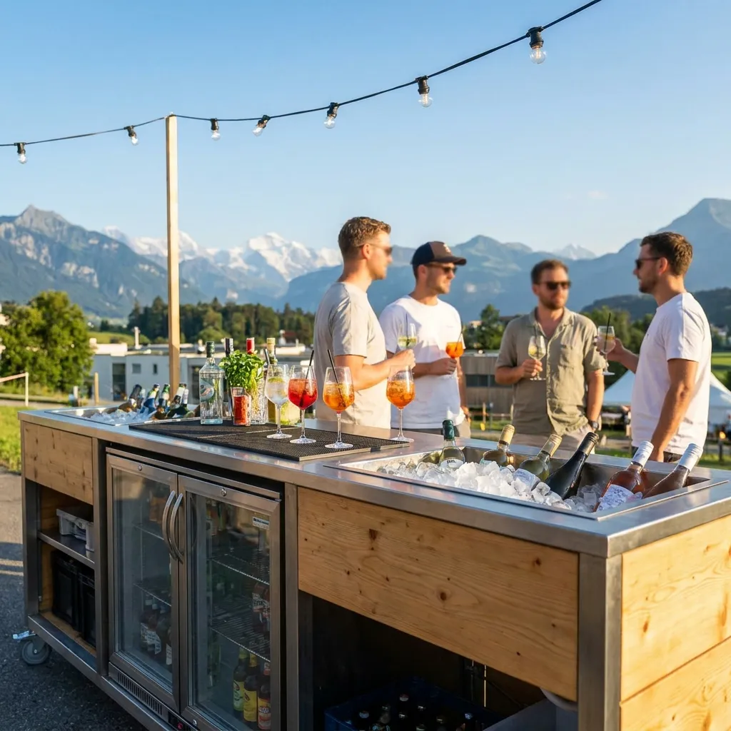 Sommerliche Outdoor-Bar mit Kühltechnik und stilvollen Gläsern