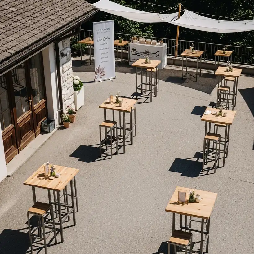 Warum Stehtische mieten statt kaufen 2 Stehtische bei einem Schweizer Outdoor-Event