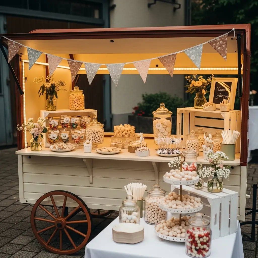 Stilvolle Candybar für eine Hochzeit im Freien
