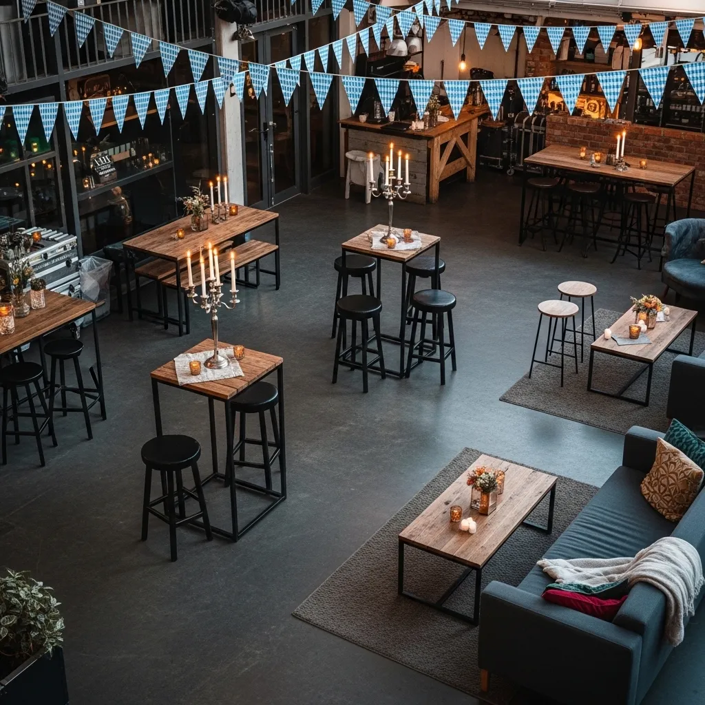 Elegante Kerzenständer mieten 3 Stilvolle Eventdekoration mit Kerzenständern und Lounge-Bereich