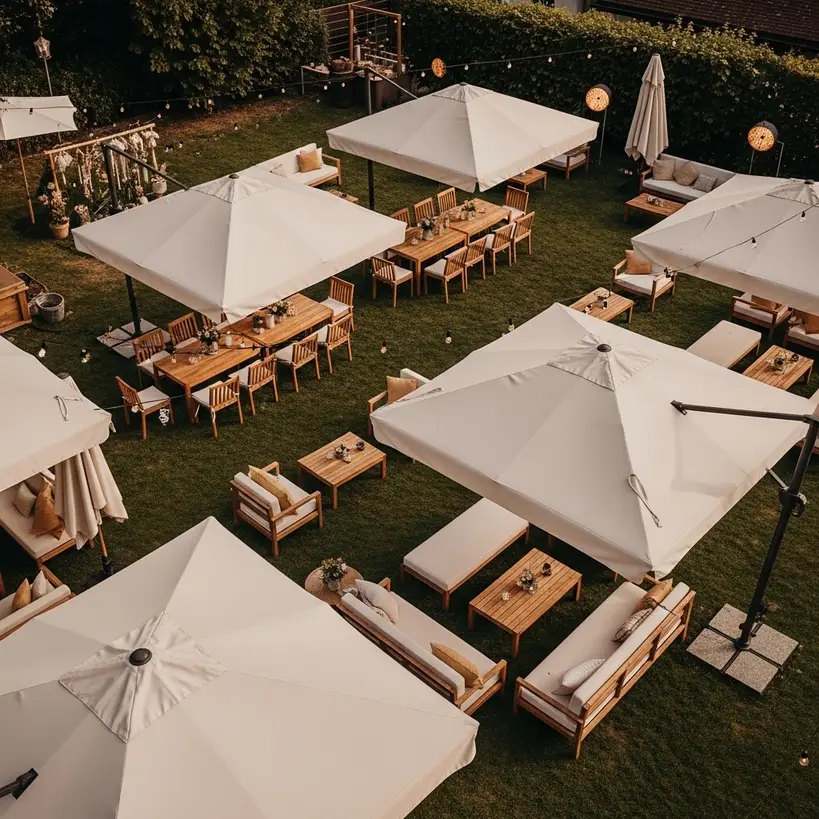 Sonnenschirme mieten für Sommerfeste & Gartenpartys 2 Stilvolle Gartenparty mit grossen Sonnenschirmen