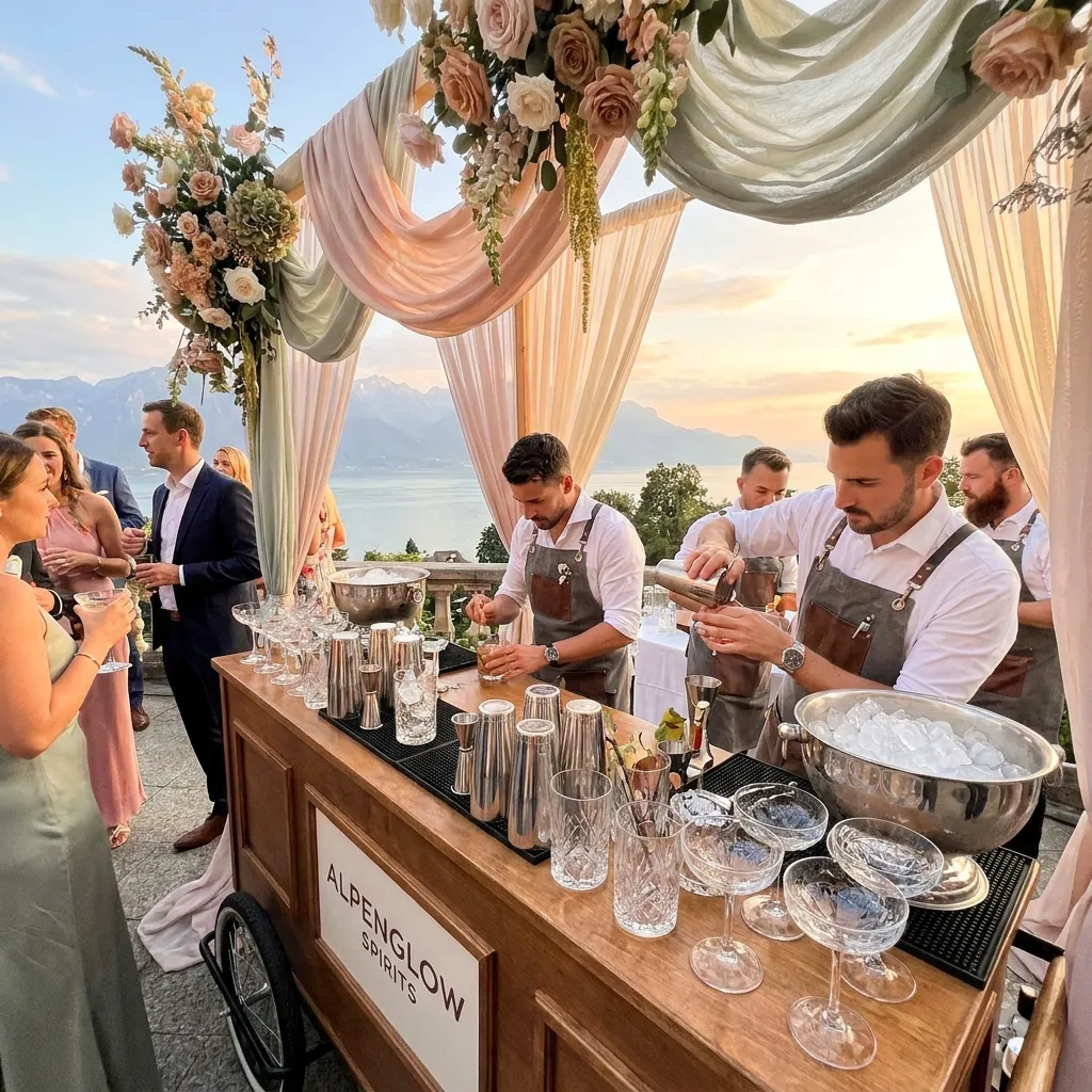 Stilvolle mobile Bar mit geordnetem Barzubehör für ein Schweizer Event