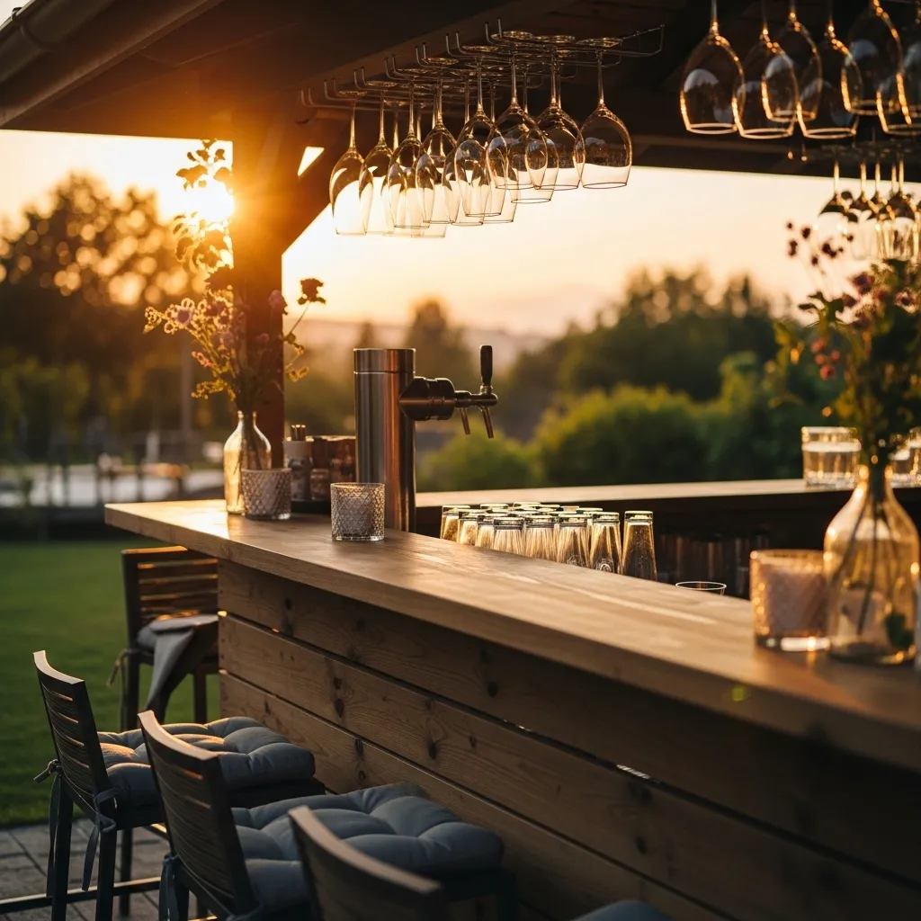 Outdoor Bar mieten für die Gartenparty 2 Stilvolle Outdoor-Bar im Garten mit warmem Abendlicht